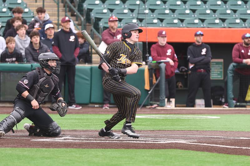 Joliet West’s Brayden Myers connects for a two run triple against Lockport in the WJOL Don Ladas Memorial baseball tournament championship game on Saturday, April 4, 2026 in Joliet.