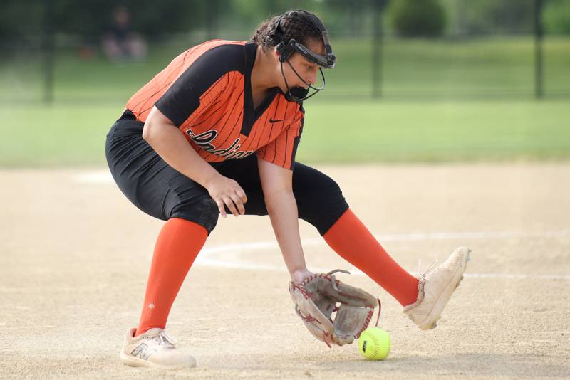 Minooka's Jaelle Hamilton fields a Bradley-Bourbonnais bunt attempt during the Class 4A Normal Community West Sectional semifinals Tuesday, June 3, 2025.
