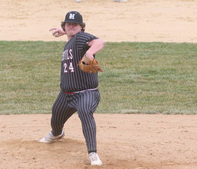 Hall pitcher Payton Dye delivers a pitch to Streator on Wednesday, March 13, 2024 at Kirby Park in Spring Valley.