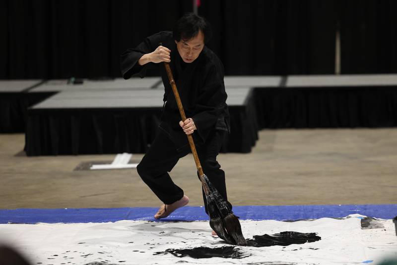 Hekiun Oda Sensei does a large-scale Shodo (Way of the Brush) demonstration at C2E2 Chicago Comic & Entertainment Expo on Saturday, April 1, 2023 at McCormick Place in Chicago.