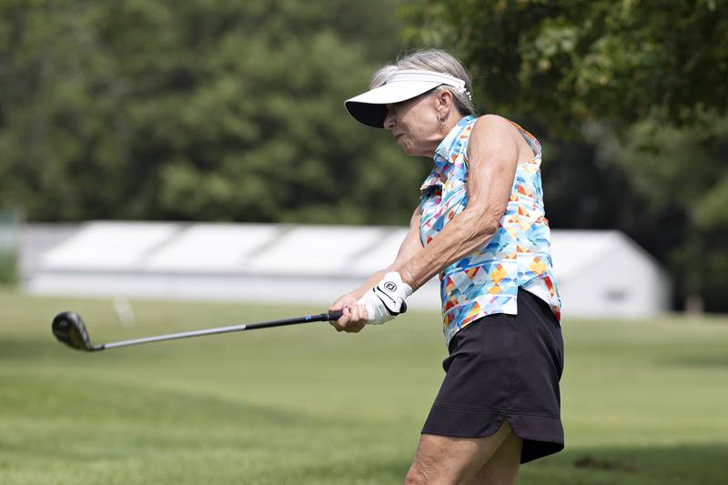 Deb Scheidegger of Lake Carroll tees off on #6 Friday, July 11, 2025, during the 102nd annual Ladies Lincoln Highway golf tournament at Timber Creek Golf Club in Dixon.
