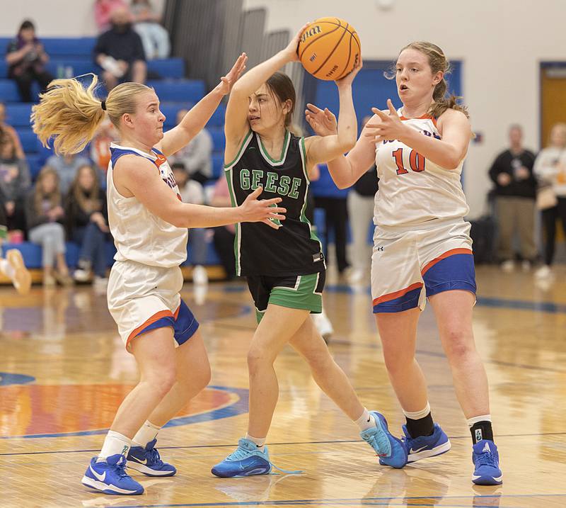 Wethersfield’s Emilia Escareno looks to make a play while being guarded by Eastland’s Izzy Ames (left) and Morgan McCullough Tuesday, Feb. 24, 2026, in the Class 1A sectional at Eastland High School.