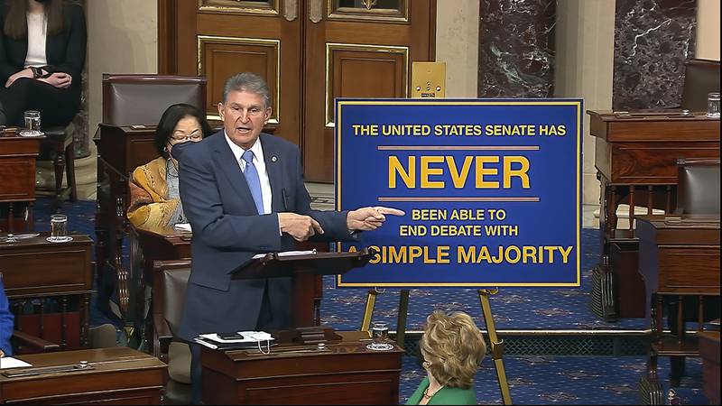 In this image from Senate Television, Sen. Joe Manchin, D-W.Va., speaks on the floor of the U.S. Senate Wednesday, Jan. 19, 2022, at the U.S. Capitol in Washington. (Senate Television via AP)