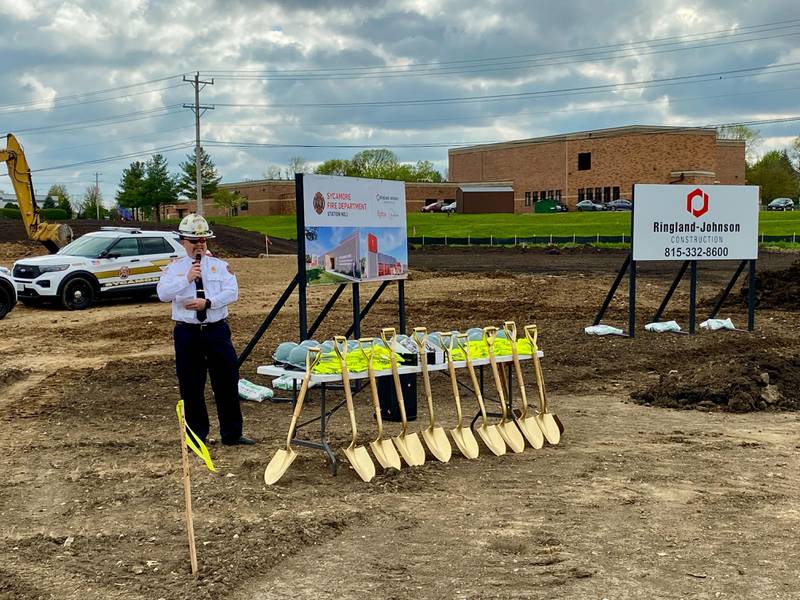 Sycamore Fire Chief Bart Gilmore welcomes the crowd and thanks all who helped make a reality the city's new fire station at a groundbreaking ceremony for the city's new fire station on Monday, May 5, 2025, at 1351 S. Prairie Drive, Sycamore.