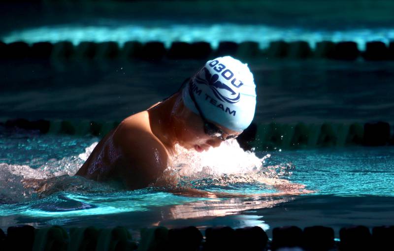 Evan Phan of the Jacobs’ co-op competes in the 200-yard individual medley at the Fox Valley Conference Boys Swimming Invite at Woodstock North on Saturday.