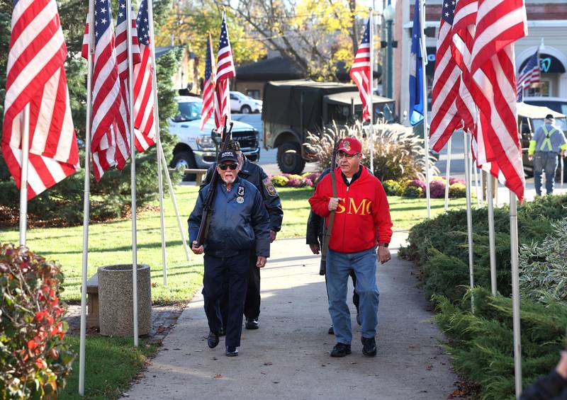 US Army Veteran Ron Lanni (left) and US Marine Corp Veteran Paul Brescia take their shift Friday, Nov. 8, 2024, during the opening of the 24-Hour Veterans Vigil at the DeKalb County Courthouse in Sycamore.