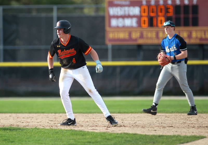 Batavia's Liam Darre leads off from second base during a game against St. Charles North on Thursday, April 24, 2025 in Batavia.