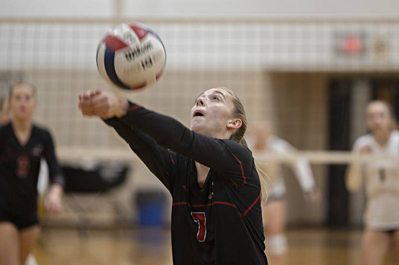 Fulton’s Kali Brewer passes a shot by Polo Thursday, Sept. 14, 2023 in Polo.