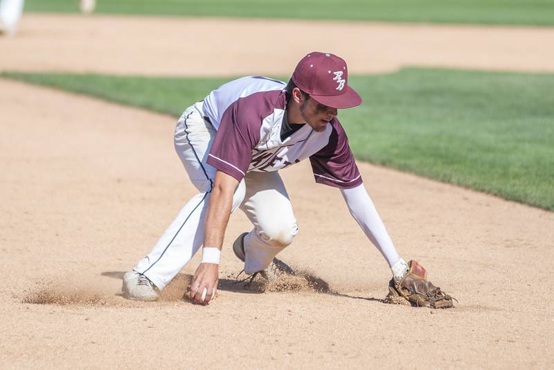 Richmond-Burton’s Nick Falasca picks the ball at third against Maroa-Forsyth Friday, June 3, 2022 during the IHSA Class 2A baseball state semifinal.