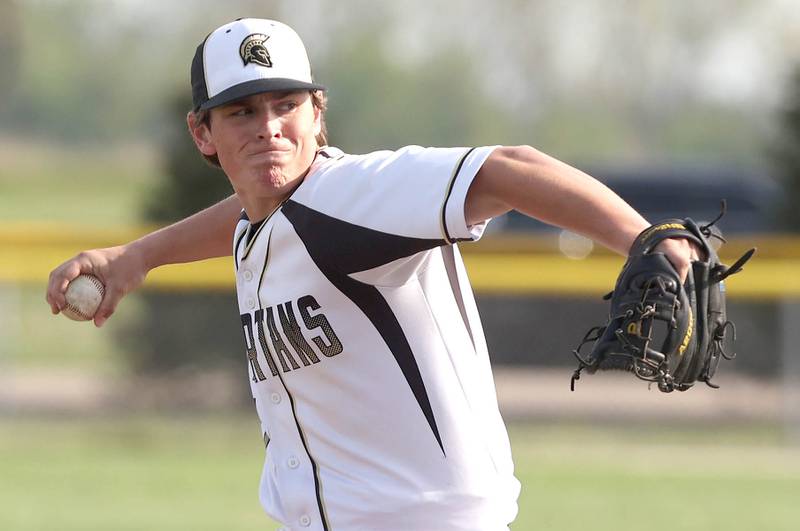 Sycamore's Owen Piazza delivers a pitch during their game against Morris Tuesday, May 9, 2023, at the Sycamore Community Sports Complex.