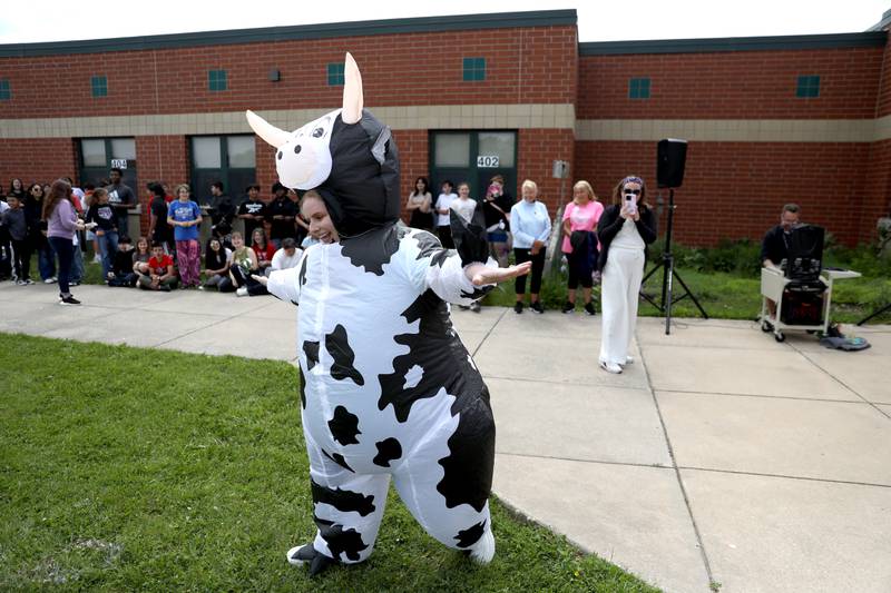 Jessie Larson dressed in a cow costume as teachers and staff members surprised students at Emily G Johns Elementary School in Plano with an inflatables race on Tuesday, May 27. 2025 after the all-school field day to celebrate the end of the school year.