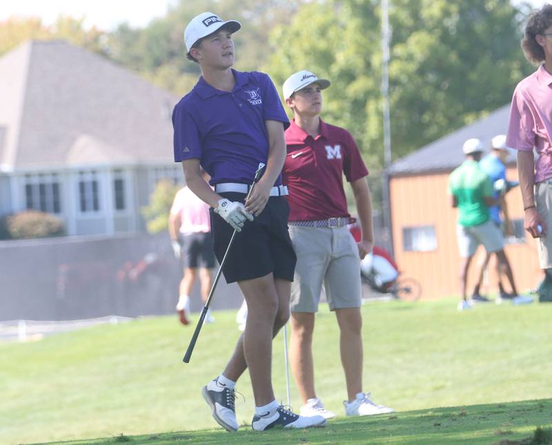 Dixon's Brody Nicklaus tees off during the Pirate Invitational on Monday, Sept. 15, 2025 at Deer Park Golf Club in Oglesby.