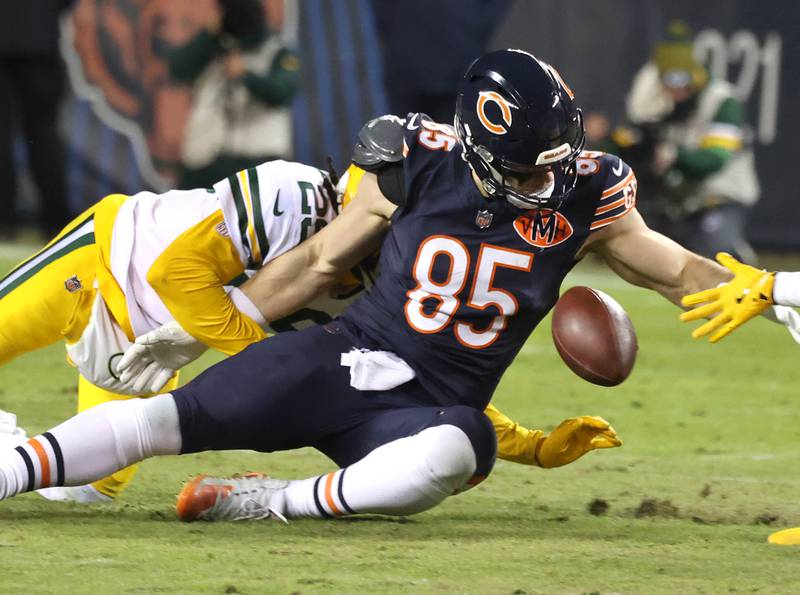 Chicago Bears tight end Cole Kmet drops the ball after a hit by Green Bay Packers safety Xavier McKinney during their NFL Wild Card game Saturday, Jan. 10, 2026, at Soldier Field in Chicago. The play was ruled as an incomplete pass.