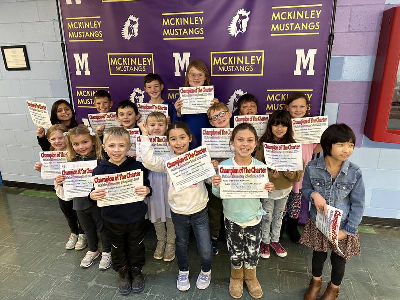 McKinley Elementary in Ottawa announced its November 2023 Champion of the Charter students. The students are Allison B., Ava M., Maddie W., Penelope A., Ari V., Ariana F., Davis H., Rockwell J., Klay K., Brenton F., Violet V., Reagan B., Zaylee H., Dylan S., Preston V., Donna H., Ladanniale R. and Kendall D.
