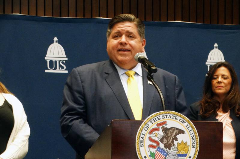 Gov. JB Pritzker is pictured at the University of Illinois Springfield Wednesday, May 31, 2023, during a news conference called to tout the state budget's higher education spending.
