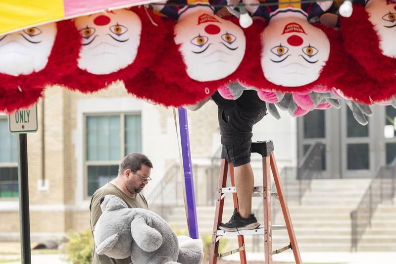 Carnival prizes are set up ahead of the opening of the Petunia Fest carnival Monday, June 26, 2023. The fun will start on Friday at 3pm with a quiet time until 5pm and then run until 11pm.