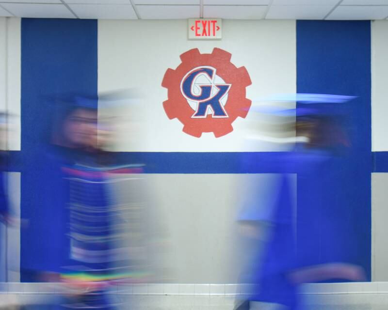 Genoa-Kingston graduates make their way to the gymnasium for the Class of 2024 graduation ceremony on Saturday, May 18, 2024, at Genoa-Kingston High School, 980 Park Ave., Genoa.