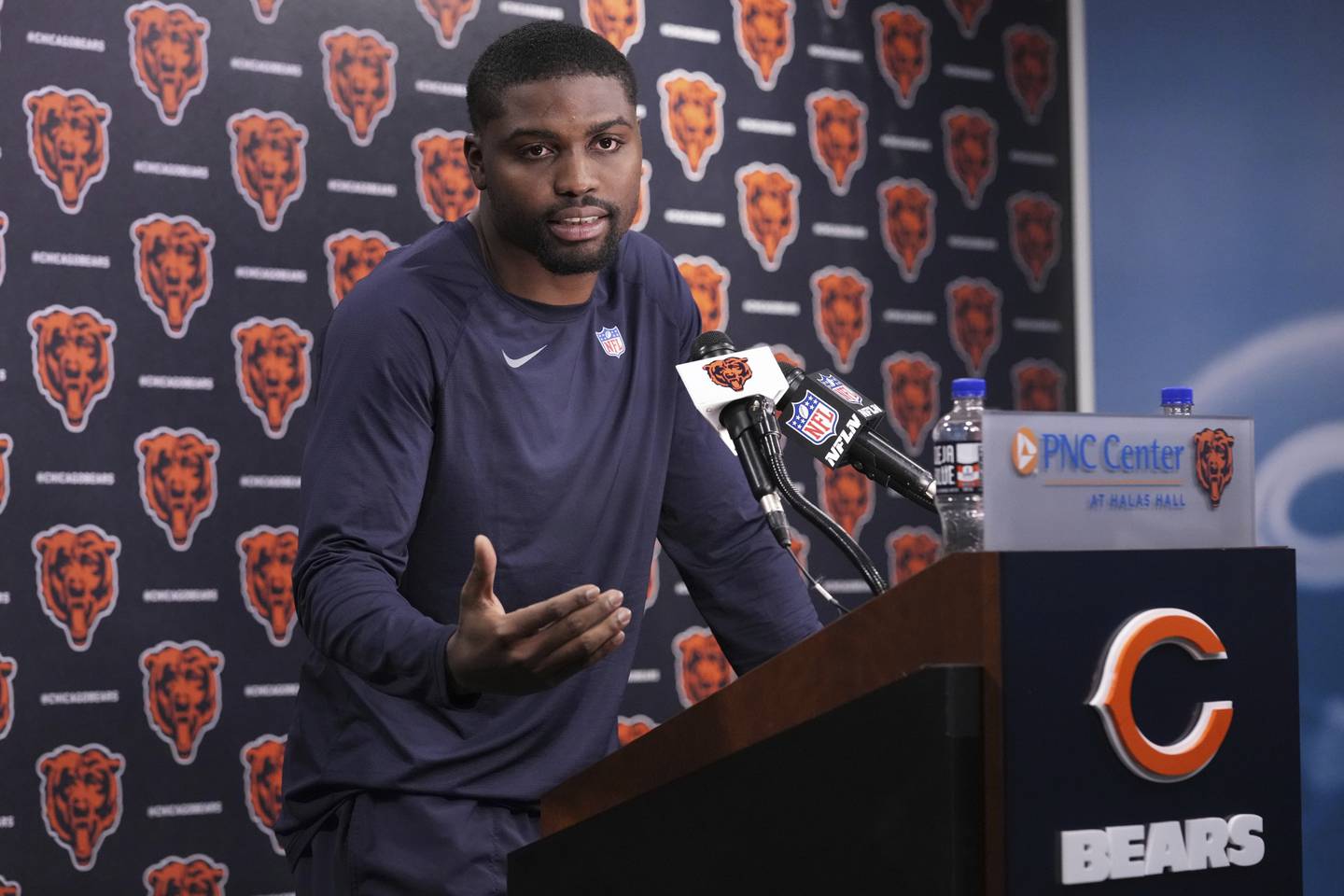 Chicago Bears defensive back Tyrique Stevenson talks to media at a news conference after NFL football practice at Halas Hall in Lake Forest, Ill., Wednesday, June 4, 2025. (AP Photo/Nam Y. Huh)