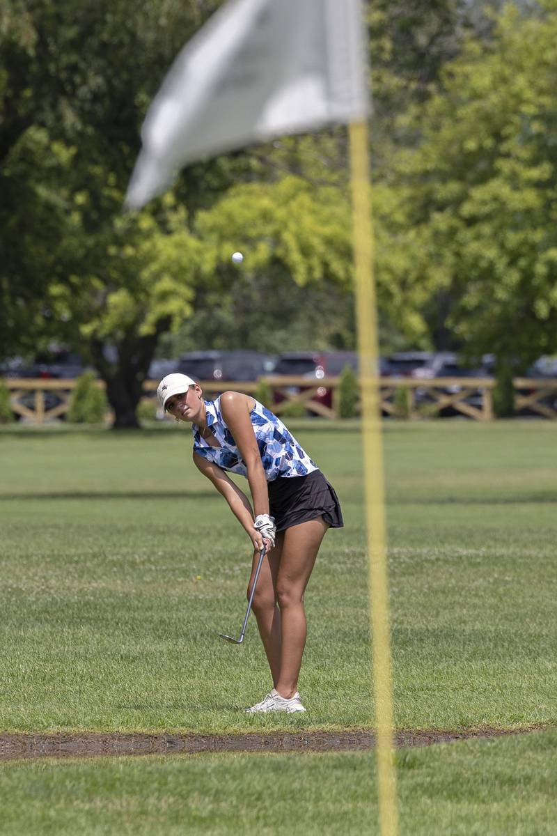Ava Hackman of Sunset chips towards the green on #5 Friday, July 11, 2025, during the 102nd annual Ladies Lincoln Highway golf tournament at Timber Creek Golf Club in Dixon.