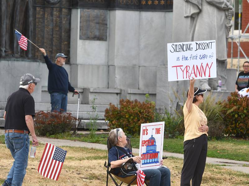 Nearly 700 people turned out Saturday, Oct. 18, 2025 for a No Kings rally on the Ogle County Courthouse square in Oregon, Illinois to protest actions and decisions by President Donald Trump and his administration.