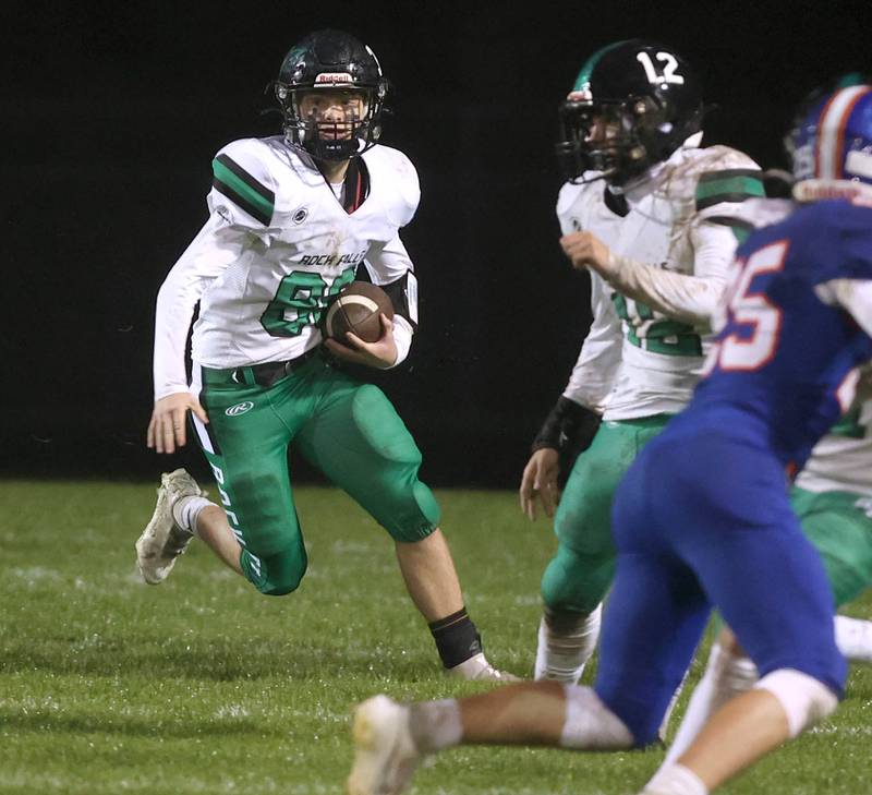 Rock Falls' Owen Mandrell finds a hole in the Genoa-Kingston line during their game Friday, Oct. 13, 2023, at Genoa-Kingston High School.