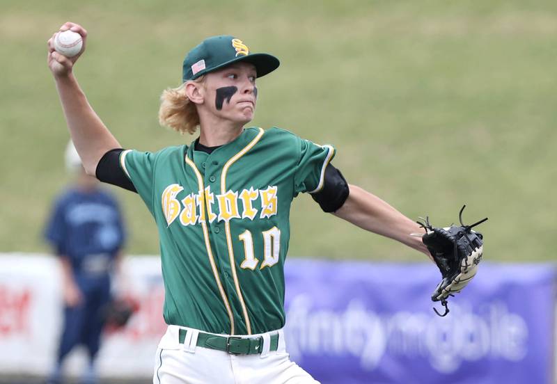 Crystal Lake South's Mark DeCicco fires a pitch Friday, June 10, 2022, during their IHSA Class 3A state semifinal game against Nazareth at Duly Health and Care Field in Joliet.