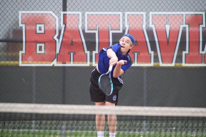 Geneva's Tyler Masoncup competes in doubles at the DuKane Conference Meet on Saturday, May13,2023 in Batavia.