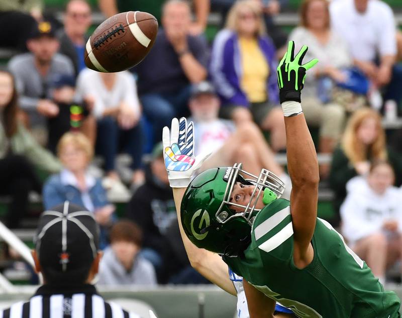 Glenbard West's Mason Ellens just misses an interception during a game against Lyons Township on Sep. 16, 2023 at Glenbard West High School in Glen Ellyn.