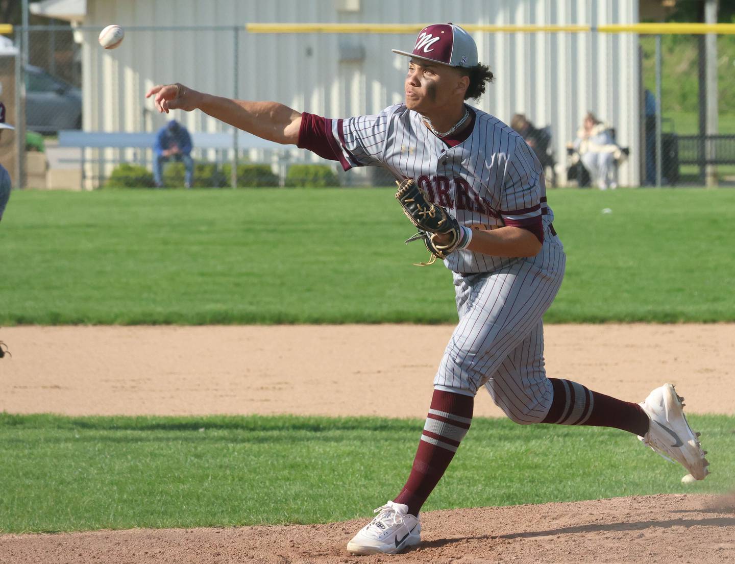Morris pitcher Bryce Lee lets go of a throw to Ottawa on Monday, April 20, 2026 at Ottawa High School.