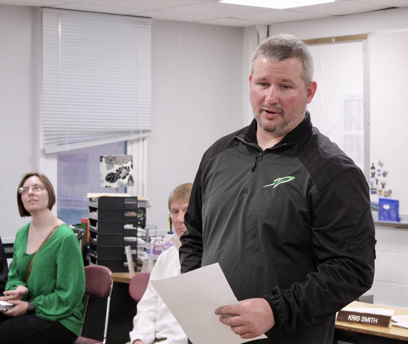 Matt Boostrom, industrial arts teacher at Rock Falls High School, makes a presentation to the board of education on Wednesday.