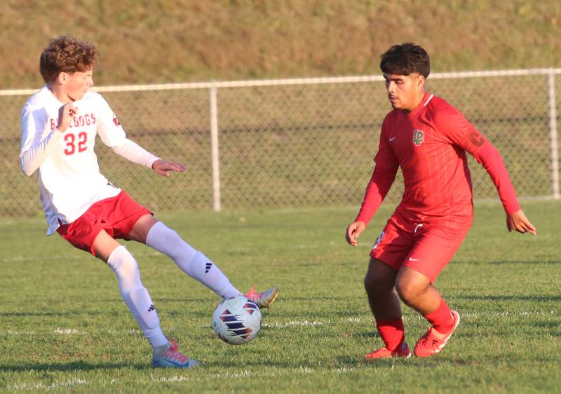 Streator's Evan Graff gets the ball away from L-P's Alex Rax during the Class 2A Regional semifinal game on Monday, Oct. 20, 2025 at Ottawa High School.