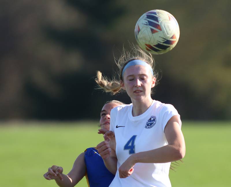 Woodstock’s Lily Novelle corrals the ball in varsity soccer on Wednesday, April 23, 2025, at Johnsburg High School in Johnsburg.