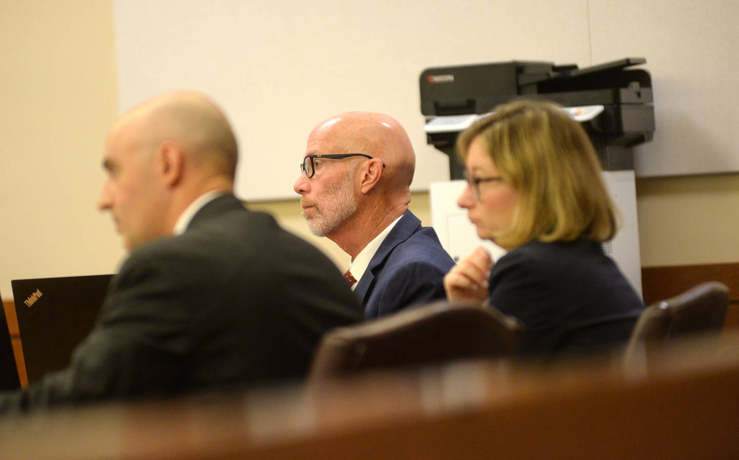 Ogle County State's Attorney Mike Rock (center) listens to Ogle County Judge John "Ben" Roe's decision during a Tiuesday, Aug. 5, 2025 hearing for Duane Meyer, 43, of Stillman Valley. Pictured with Rock are two of his assistants, Matthew Leisten (left) and Allison Huntley.