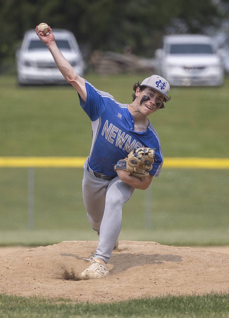 Newman’s Garret Matznick comes in for relief against Johnsburg Saturday, May 31, 2025, in the Class 2A Sectional final in Mendota.