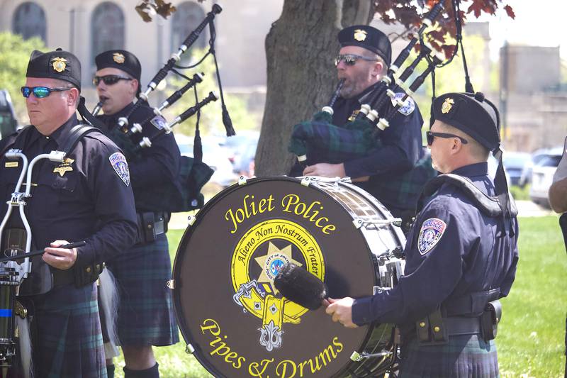 Members of the Joliet Police Pipes and Drums play music at the 44th Annual Will County Law Enforcement Memorial Day ceremony on Thursday, May 8, 2025, at the Will County Law Enforcement Memorial, 14 W. Jefferson St., Joliet.