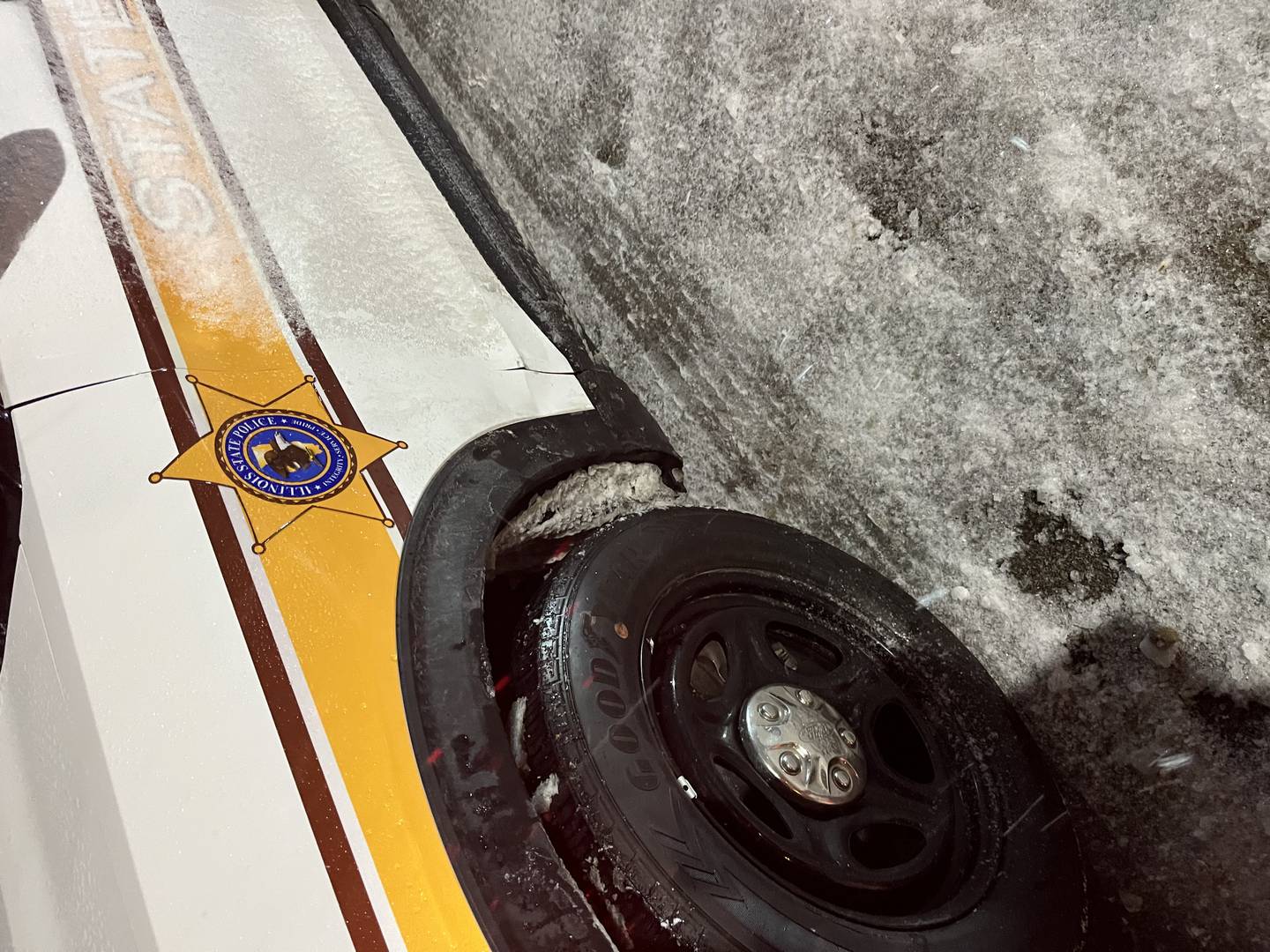 An Illinois State Police vehicle damaged at 4 a.m. Monday, March 16, 2026, on Interstate 80 in Joliet, in a Scott's Law or Move Over Law violation crash, according to Illinois State Police.