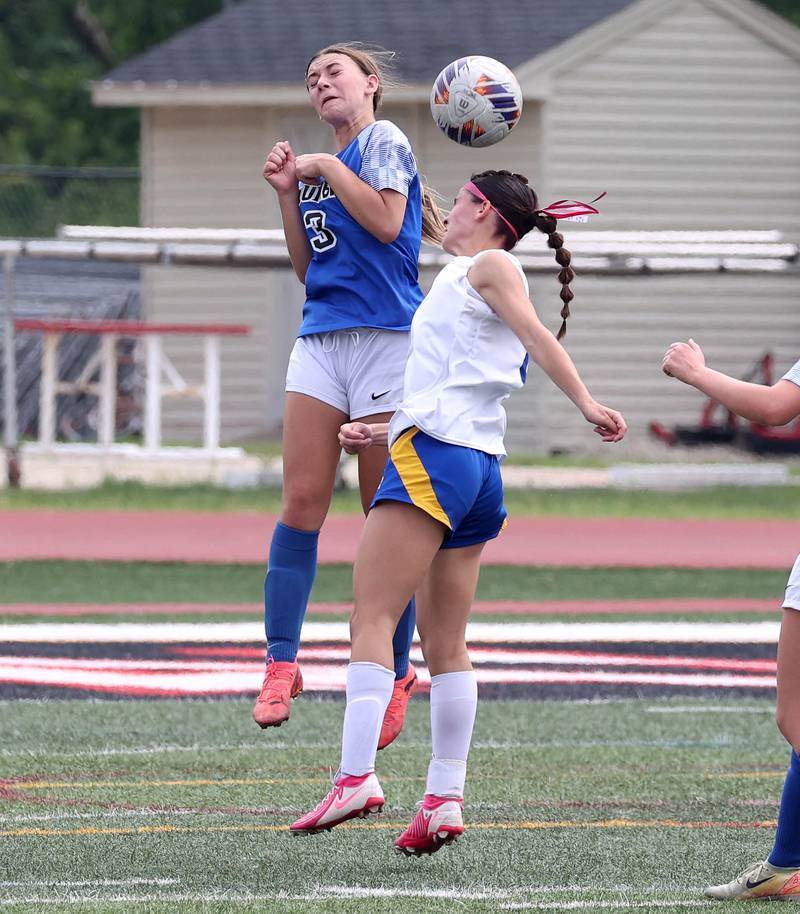 Johnsburg's Liz Smith (right) and Columbia's Cadence Zimmer go for a header Saturday, June 7, 2025, during the IHSA Class 1A state championship game at North Central College in Naperville.