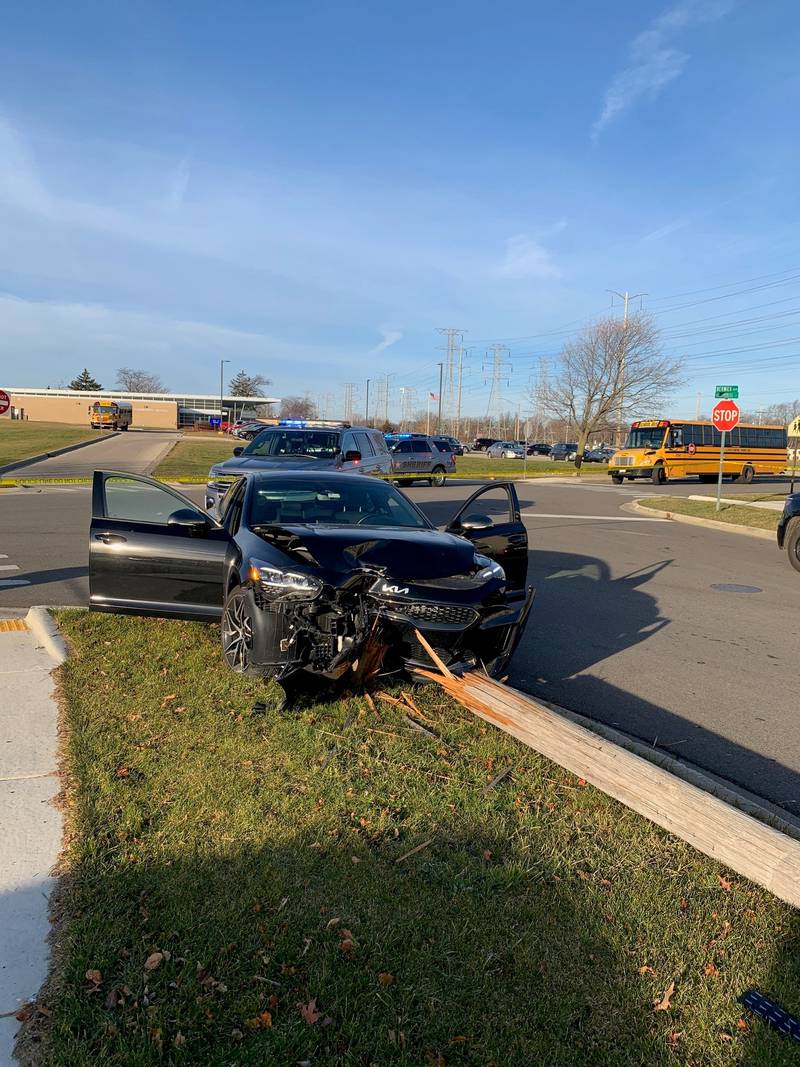 As a police chase continued, the driver of this Kia struck a utility pole in the area of Williamsburg Drive and Berwick Boulevard in Waukegan.