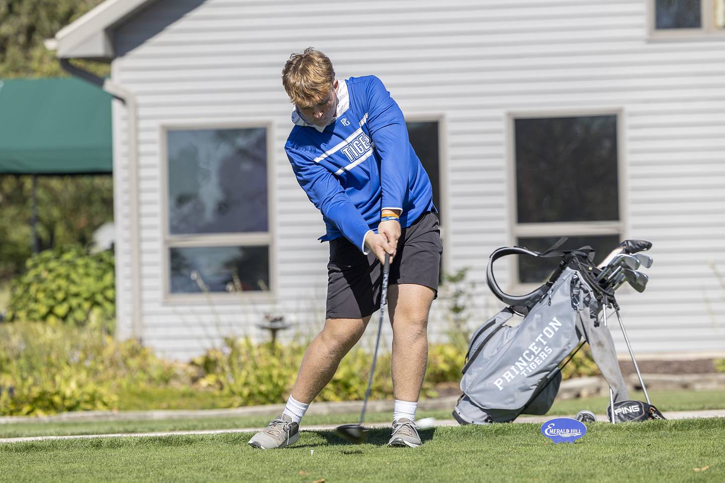 Princeton’s Lucas Smith tees off on #1 Wednesday, Oct. 2, 2024 at Emerald Hill in Sterling.