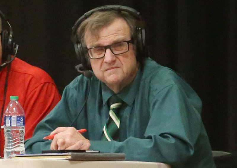 Mike Brown announces the Class 1A St. Bede Sectional game on Thursday, Feb. 22, 2024 at Gardner-South Wilmington High School.