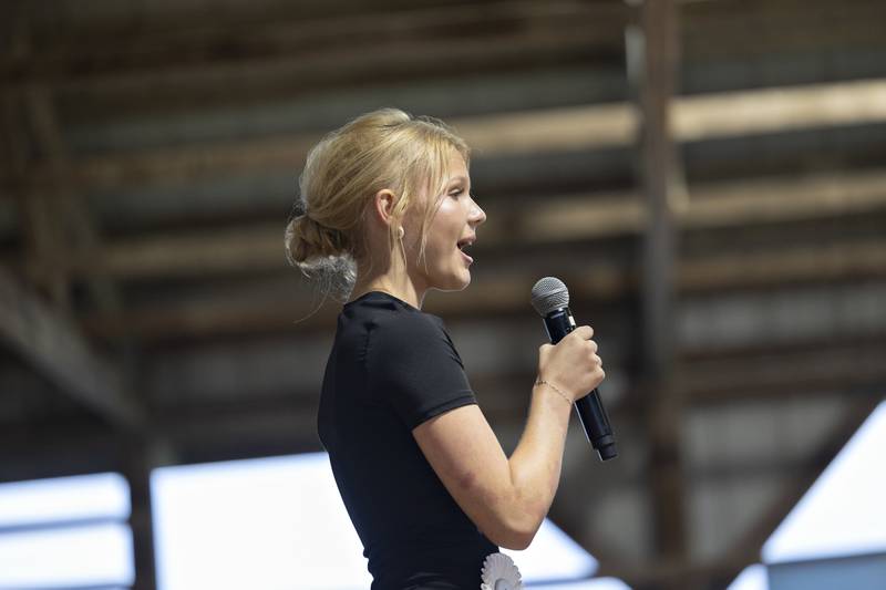 Brooklyn Pogensee, 18, speaks during the Ogle County Queen pageant Thursday, July 30, 2025, at the Ogle County Fairgrounds.