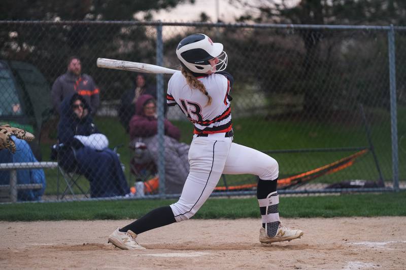 Minooka’s Chloe Kohnhorst singles against Joliet West. Wednesday, April 27, 2022, in Minooka.