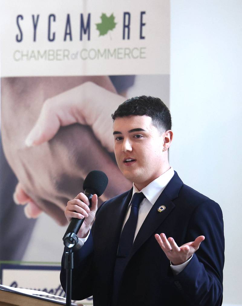 Andrew Miller, branch manager at Old National Bank, speaks after accepting the Outstanding Business Award on behalf of the bank Thursday, March 5, 2026, during the Sycamore Chamber of Commerce Annual Meeting in Memorial Hall at St. Mary's Catholic Church in Sycamore.