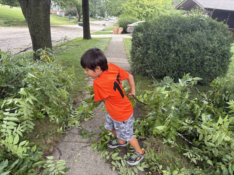 Marcelo Magana, 7, of Cary moves a tree branch Aug. 17, 2025.