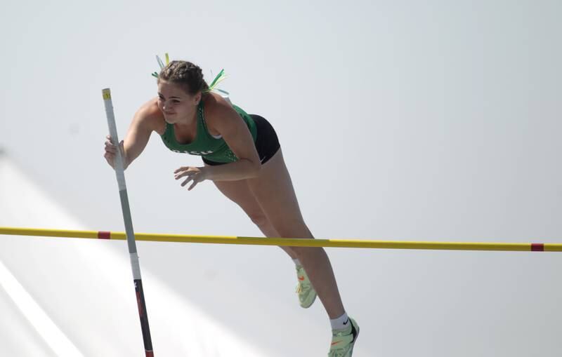 Seneca’s Teagan Johnson competes in the 1A pole vault during the IHSA State Track and Field Finals at Eastern Illinois University in Charleston on Saturday, May 20, 2023.