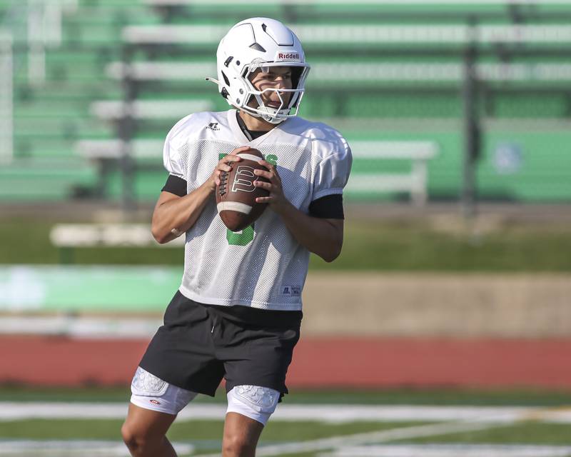 Dominic Alfano drops back at York High School football practice, Thursday, Aug 14, 2025  in Elmhurst.