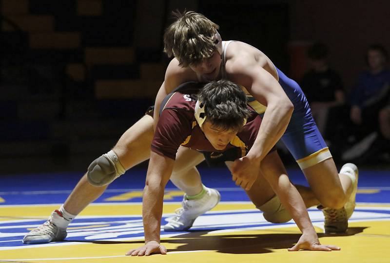 Johnsburg’s Jackson Hjorth controls Richmond-Burton’s Dylan Falasca in the 165-pound match of a Kishwaukee River Conference wrestling meet on Thursday, Jan. 30, 2025, at Johnsburg High School.