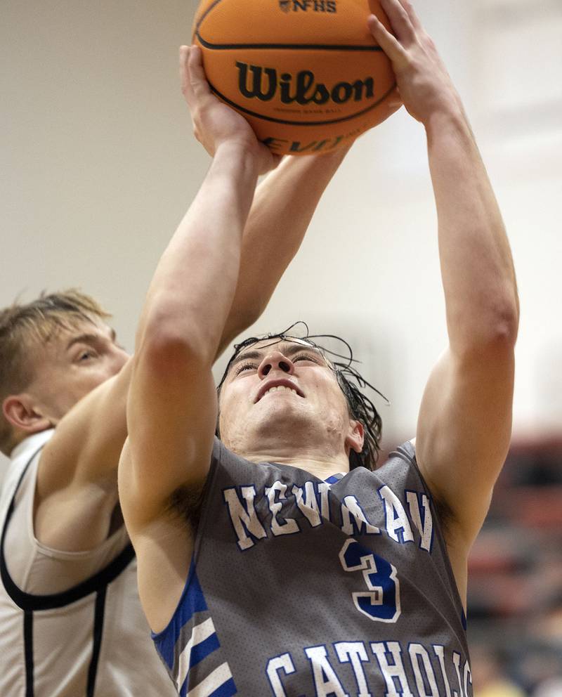 Newman’s Garret Matznick puts up a shot against Byron Friday, Dec. 19, 2025, in the Forreston Holiday Tournament title game.