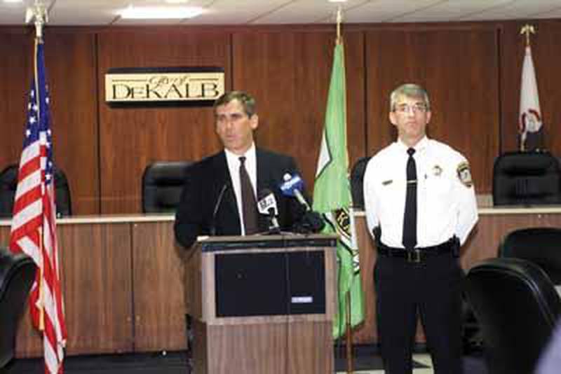 DeKalb County State’s Attorney Ron Matekaitis and DeKalb Police Chief Bill Feithen appear at a press conference Friday in which they announced more charges against those believed to be responsible for the beating death of Luis Noriega on Sunday.