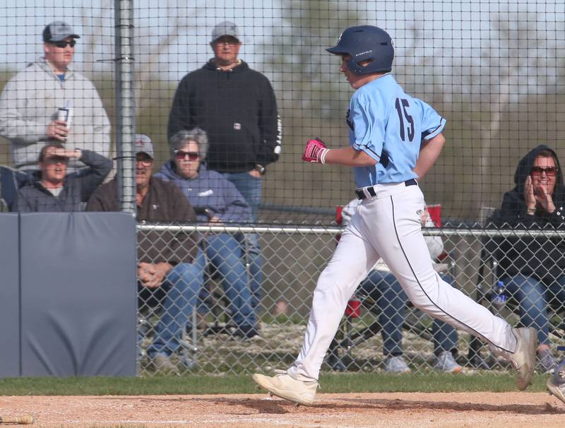 Bureau Valley's Landon Smith crosses home plate to score a run against Princeton on Thursday, April 25, 2024 at Bureau Valley High School.